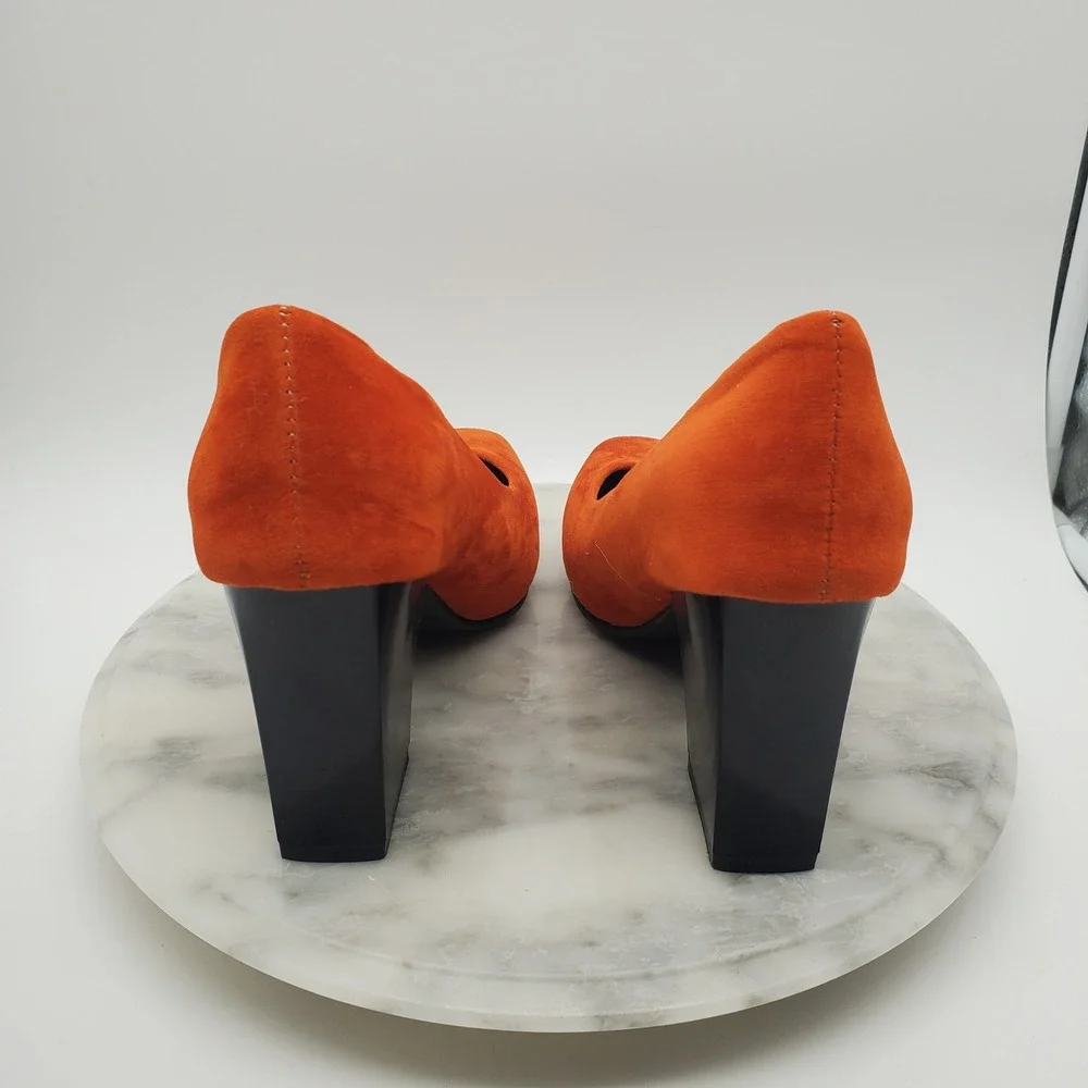 Vibrant Orange Suede Block Heel Pumps Round Toe Chunky High Heels Women Sz 6.5-7